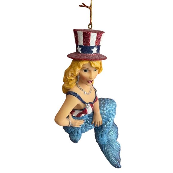 December Diamonds Stars USA Patriotic Mermaid Ornament 7" America - Picture 5 of 6